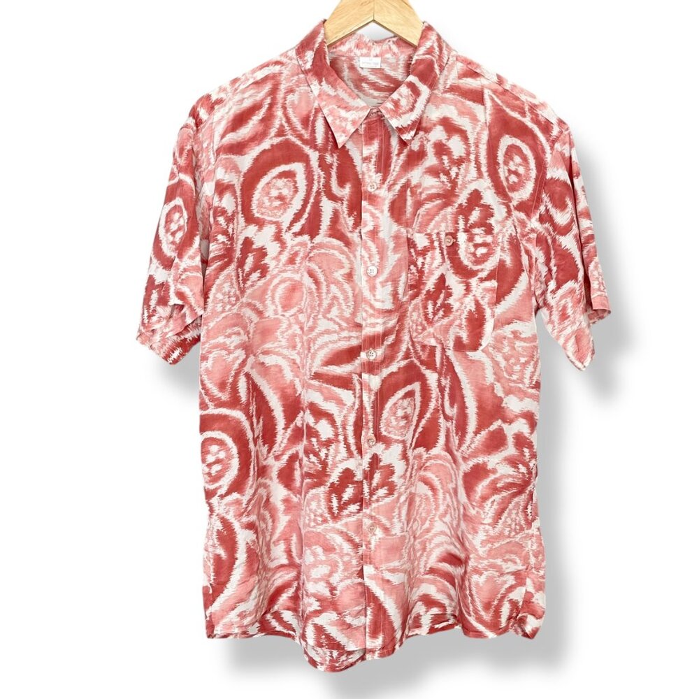 Silk Shirt Patterned Short Sleeve Men Button-Up Abstract Floral‎ Pink White